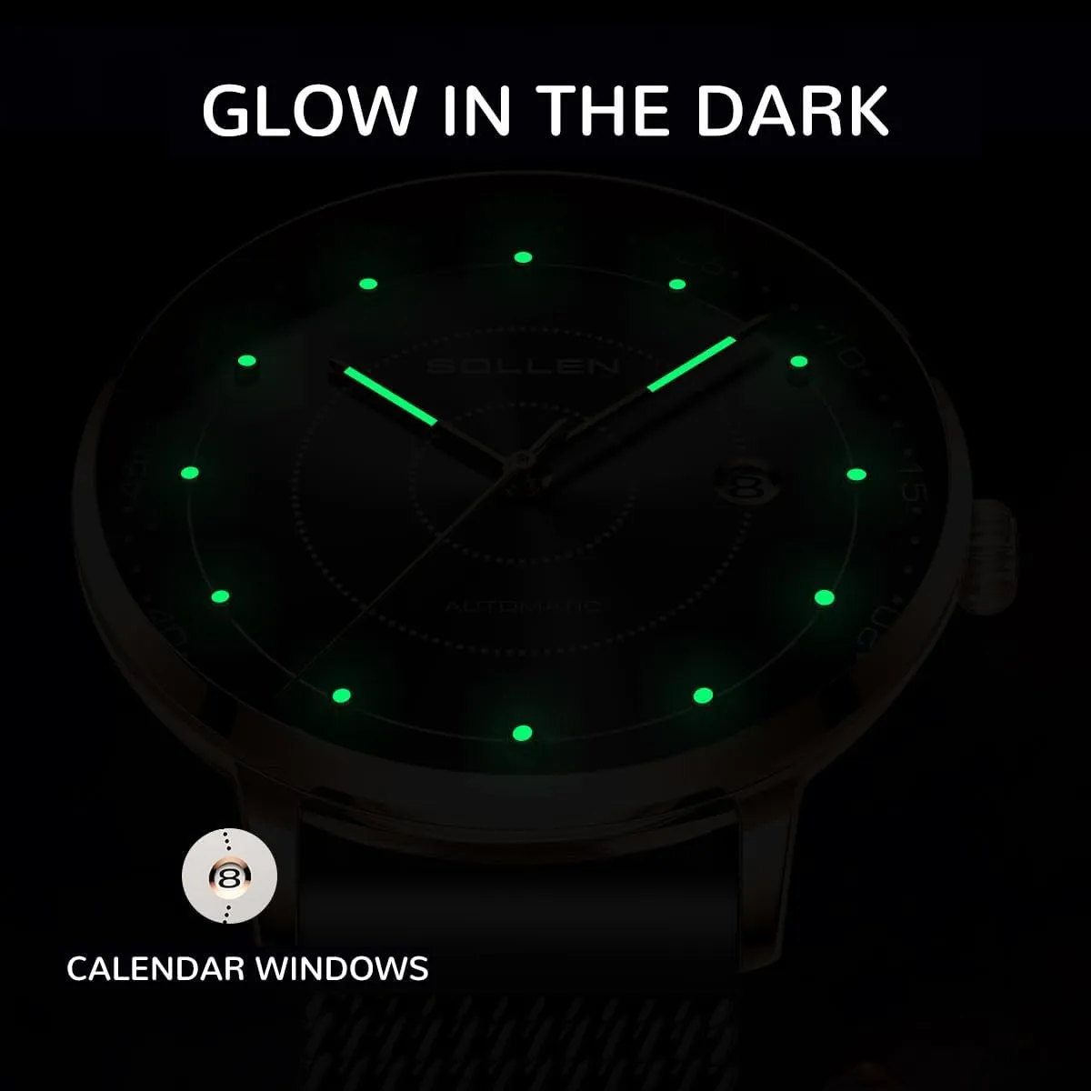 SOLLEN Men's Minimalist Automatic Watch, Imported Mechanical Movement - 3ATM Waterproof - Luminous Hands and Stainless Steel Case, Luxury Self-Winding Men's Wrist Watches with Calendar, Gifts for Men
