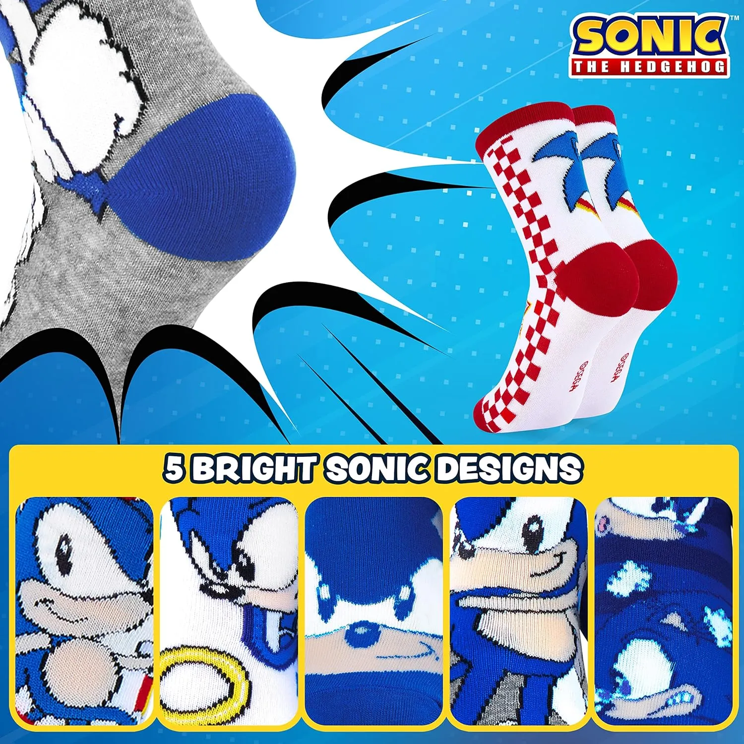 Sonic The Hedgehog Boys Socks, 5 Pack Crew Socks