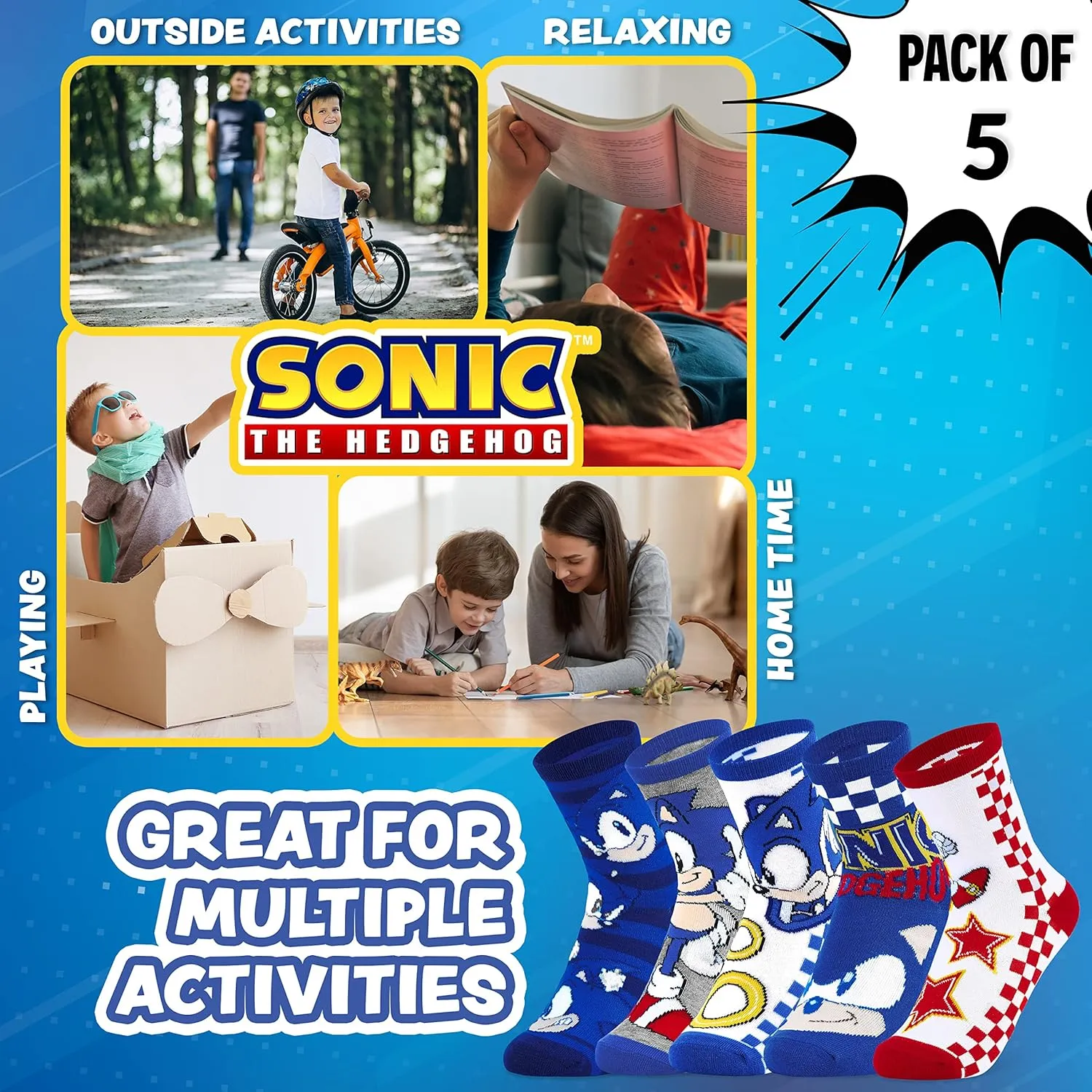 Sonic The Hedgehog Boys Socks, 5 Pack Crew Socks