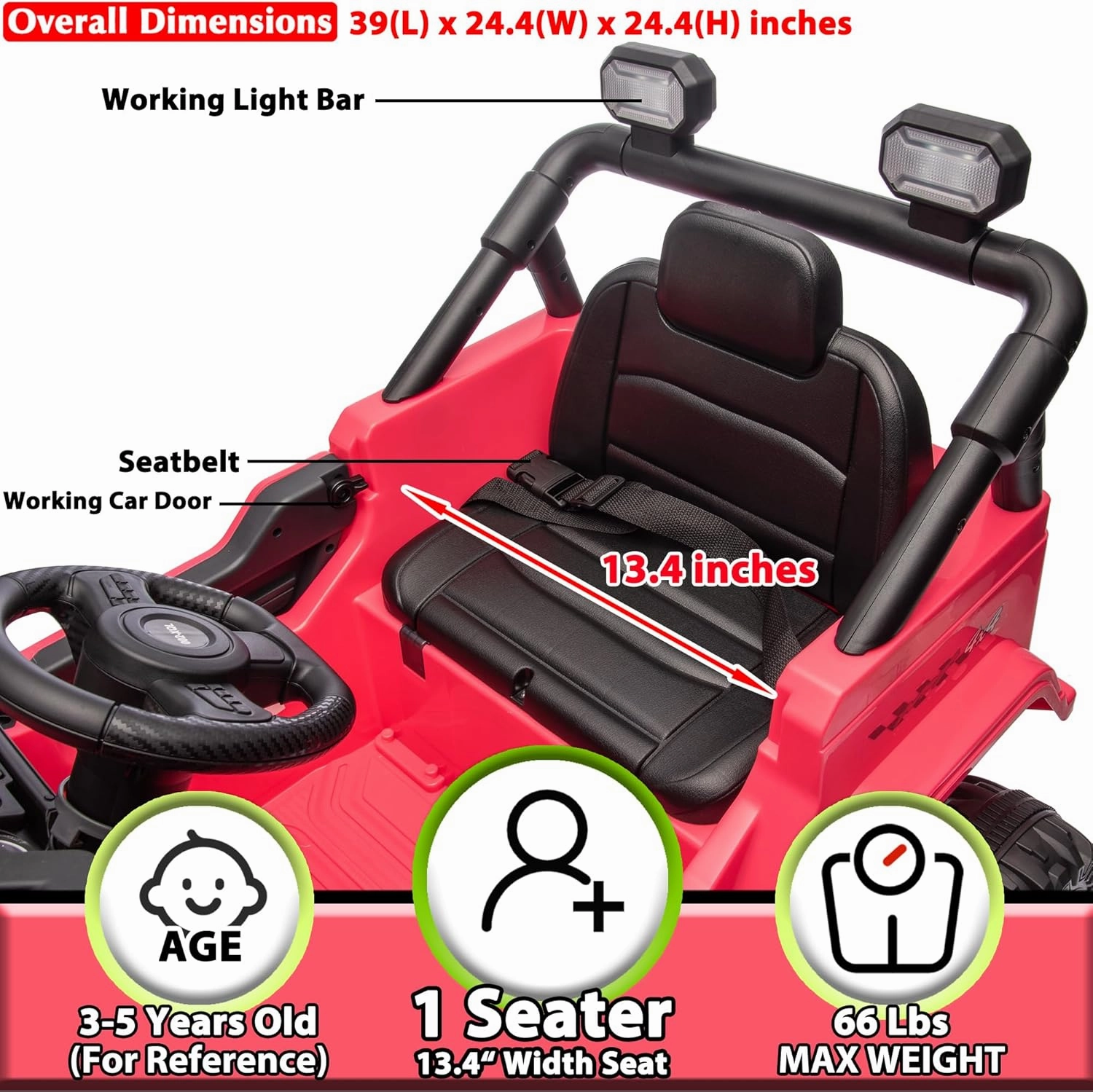 sopbost 12V Ride on Truck, 12V 7Ah Battery Powered Electric Vehicle Car for Kids 3-5 Years with Remote, Working Headlight & Search Light Bar, Horn & Music - Peach Pink
