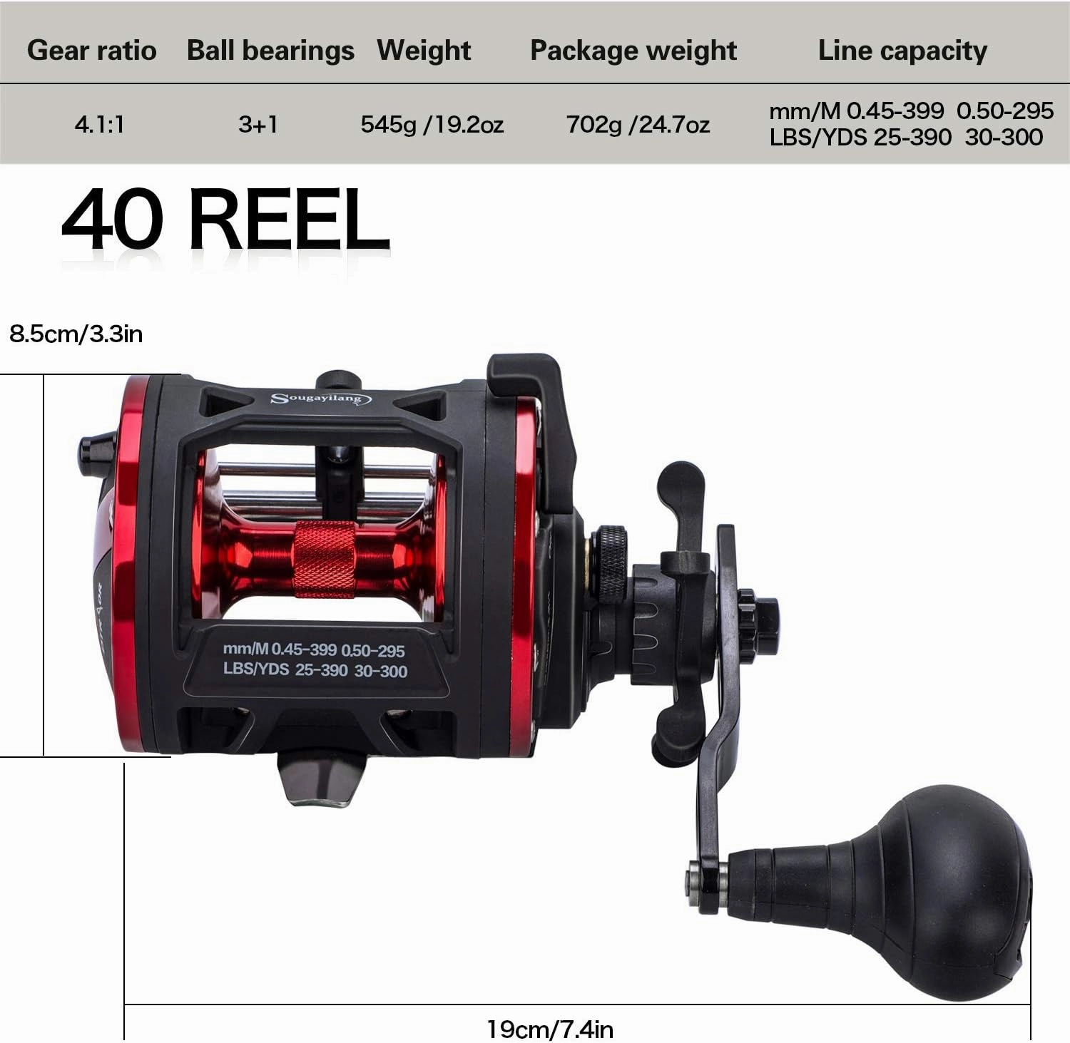 Sougayilang Trolling Reel Level Wind Conventional Reel Graphite Body Fishing Reel, Durable Stainless-Steel, Large Line Capacity