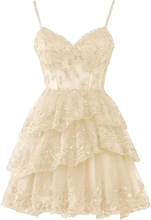 Sparkly Lace Tulle Tiered Homecoming Dresses Spaghetti Straps Short Prom Dress for Women