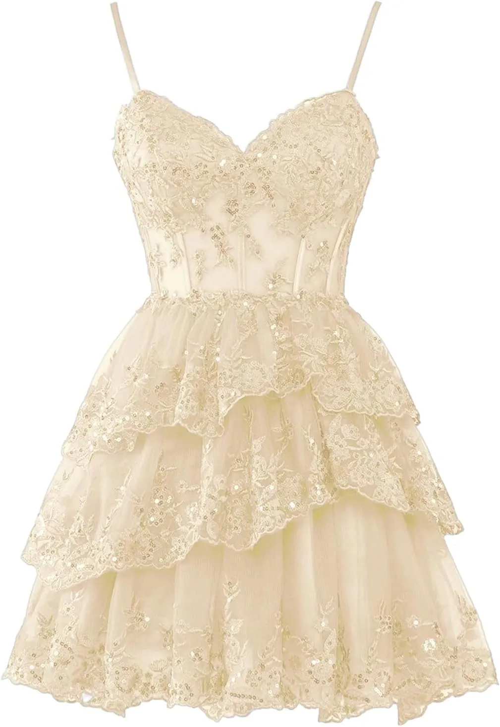 Sparkly Lace Tulle Tiered Homecoming Dresses Spaghetti Straps Short Prom Dress for Women