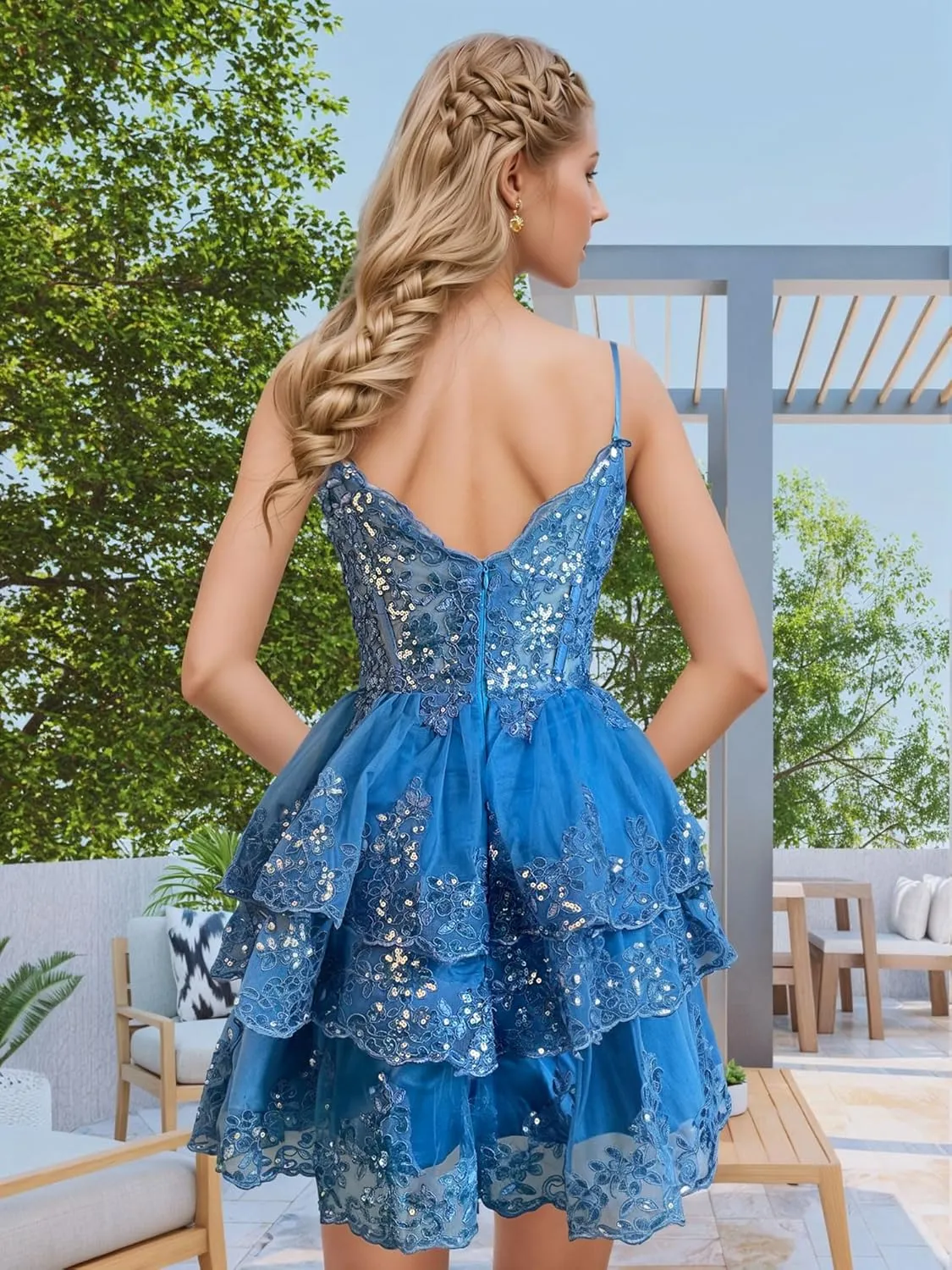 Sparkly Lace Tulle Tiered Homecoming Dresses Spaghetti Straps Short Prom Dress for Women