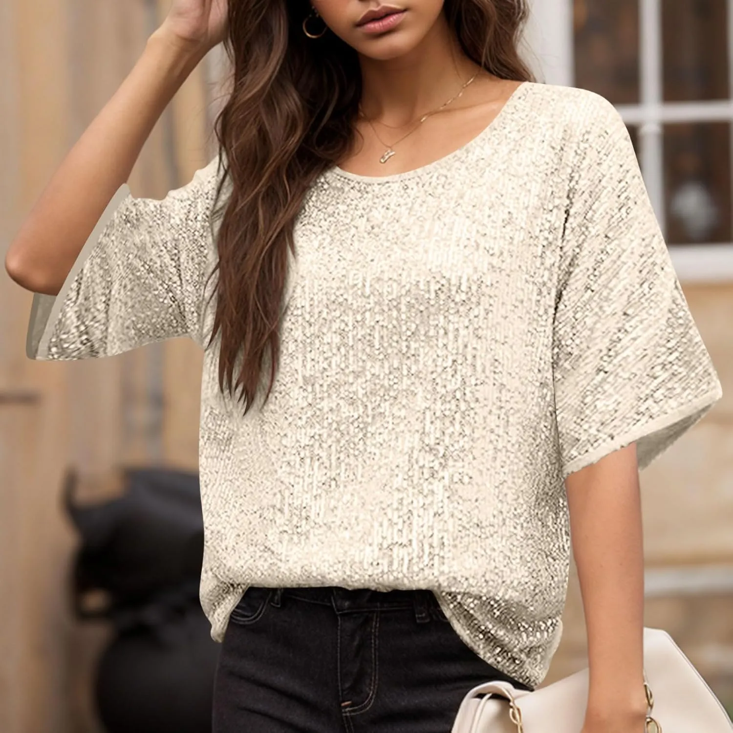 Sparkly Tops for Women Casual Short Sleeve Round Neck Loose Size Shirts Trendy Elegant Shimmer Glitter Blouse Tees