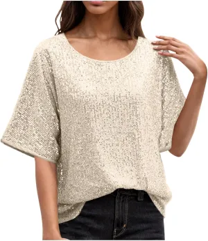 Sparkly Tops for Women Casual Short Sleeve Round Neck Loose Size Shirts Trendy Elegant Shimmer Glitter Blouse Tees
