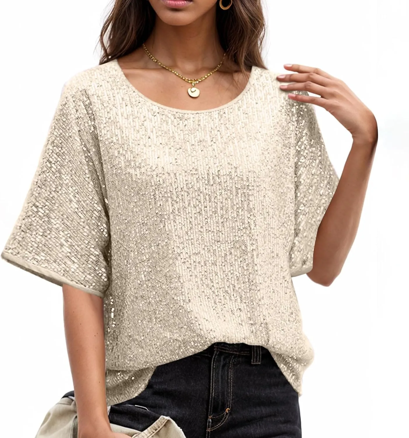 Sparkly Tops for Women Casual Short Sleeve Round Neck Loose Size Shirts Trendy Elegant Shimmer Glitter Blouse Tees