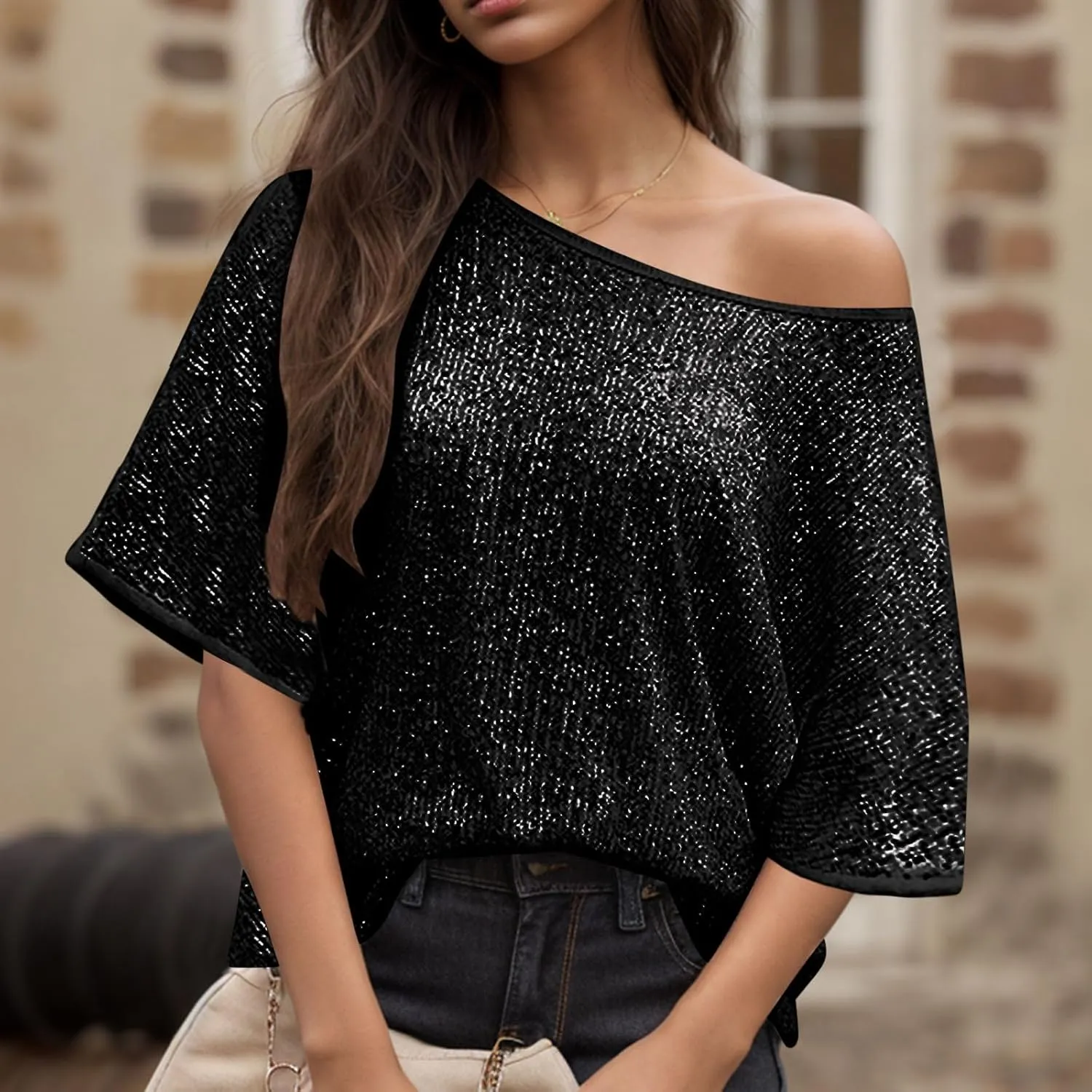 Sparkly Tops for Women Casual Short Sleeve Round Neck Loose Size Shirts Trendy Elegant Shimmer Glitter Blouse Tees