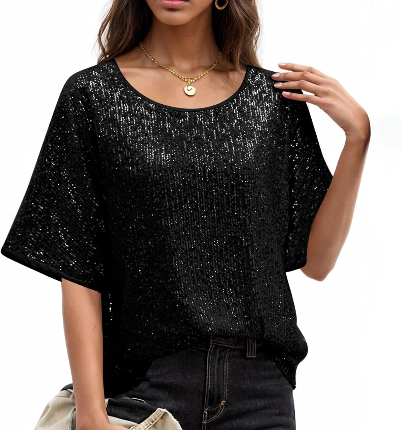 Sparkly Tops for Women Casual Short Sleeve Round Neck Loose Size Shirts Trendy Elegant Shimmer Glitter Blouse Tees