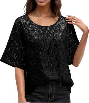 Sparkly Tops for Women Casual Short Sleeve Round Neck Loose Size Shirts Trendy Elegant Shimmer Glitter Blouse Tees