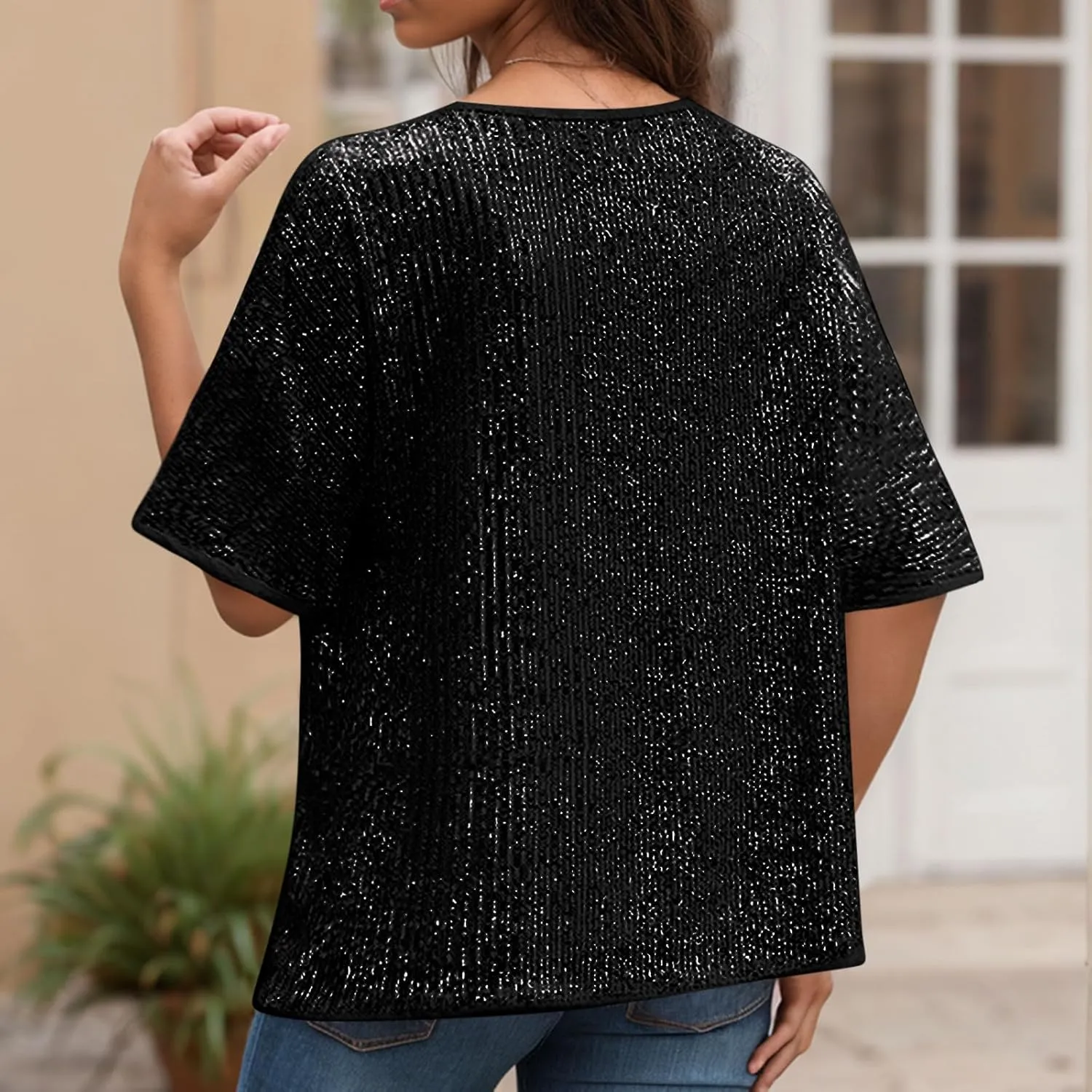 Sparkly Tops for Women Casual Short Sleeve Round Neck Loose Size Shirts Trendy Elegant Shimmer Glitter Blouse Tees
