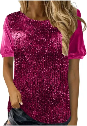Sparkly Tops for Women Fashion Sequin Half Sleeve Shirts Casual Soft Crewneck Velvet Sparkly Shimmer Party Blouses