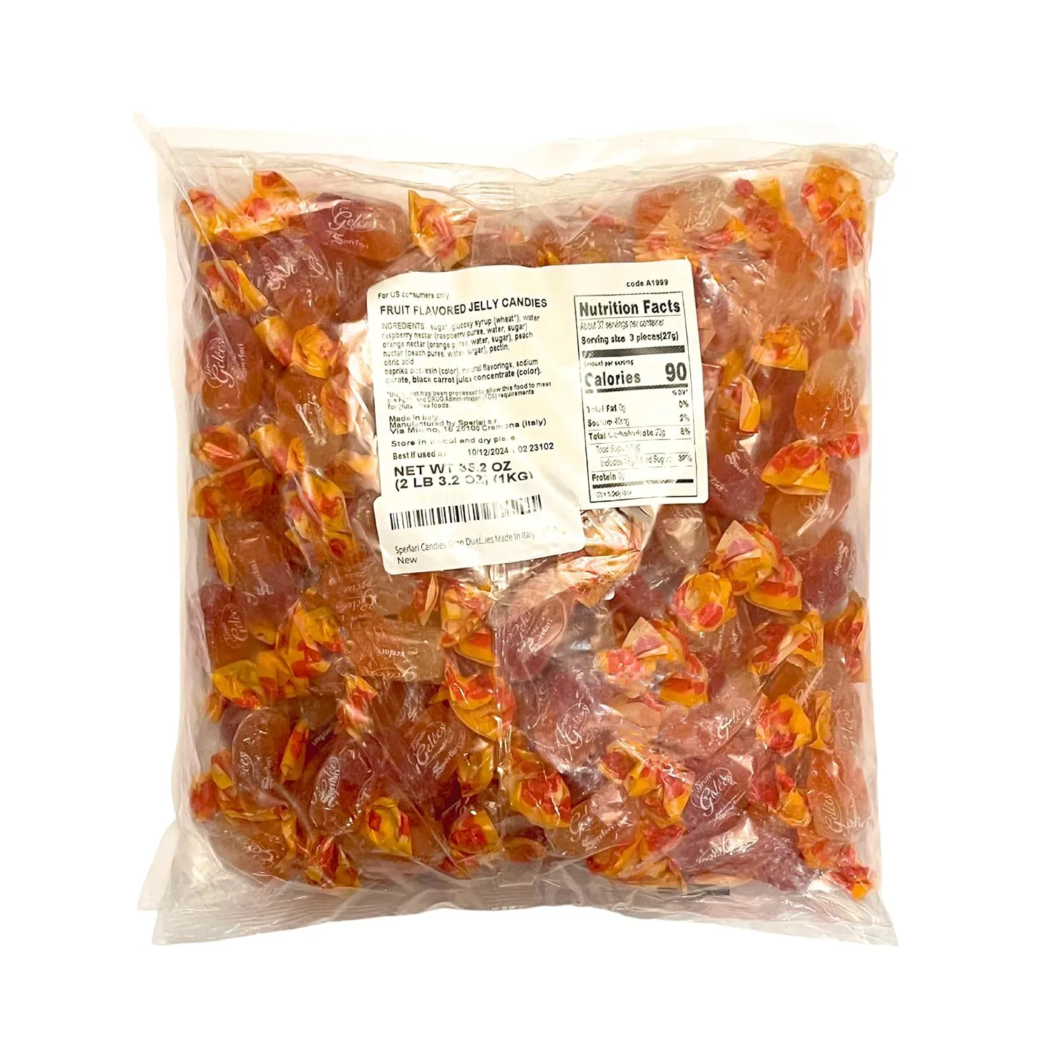 Sperlari Candies Gran Duetto Orange, Peach & Raspberry Italian Fruit Nectar Jelly Candy - Gluten Free, No Artificial Coloring, Individually Wrapped Gummy Candy - Fruit Gummies Made In Italy 1 KG Bag