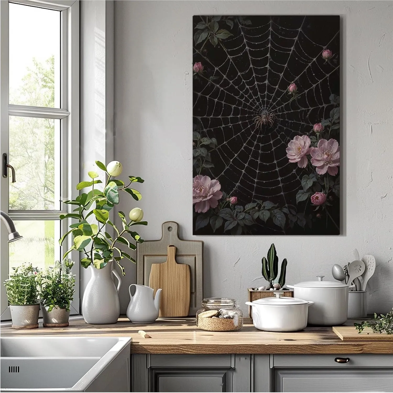 Spider web botanical canvas painting blooming buds pink rose brown spider intricate geometric silk threads dew drops suspended radiating structure tranquil wall decor display artwork for home