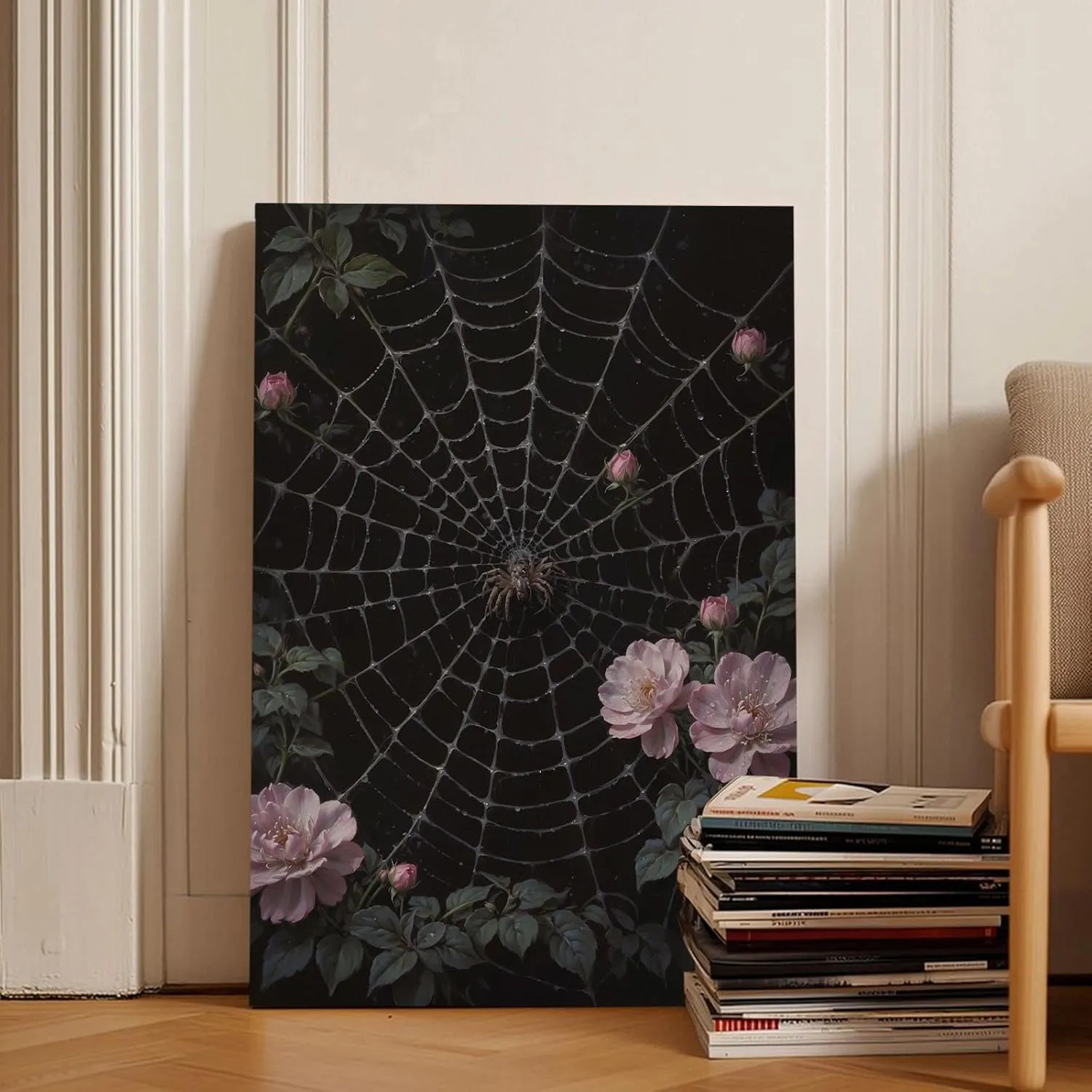 Spider web botanical canvas painting blooming buds pink rose brown spider intricate geometric silk threads dew drops suspended radiating structure tranquil wall decor display artwork for home