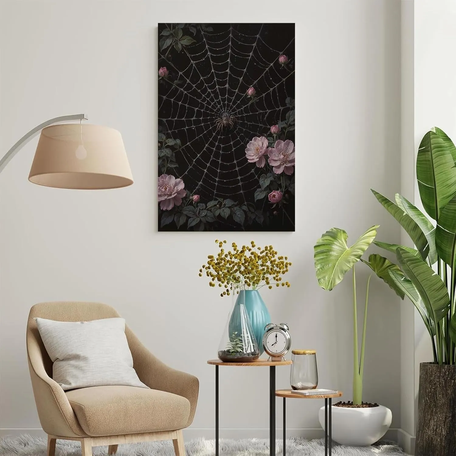 Spider web botanical canvas painting blooming buds pink rose brown spider intricate geometric silk threads dew drops suspended radiating structure tranquil wall decor display artwork for home