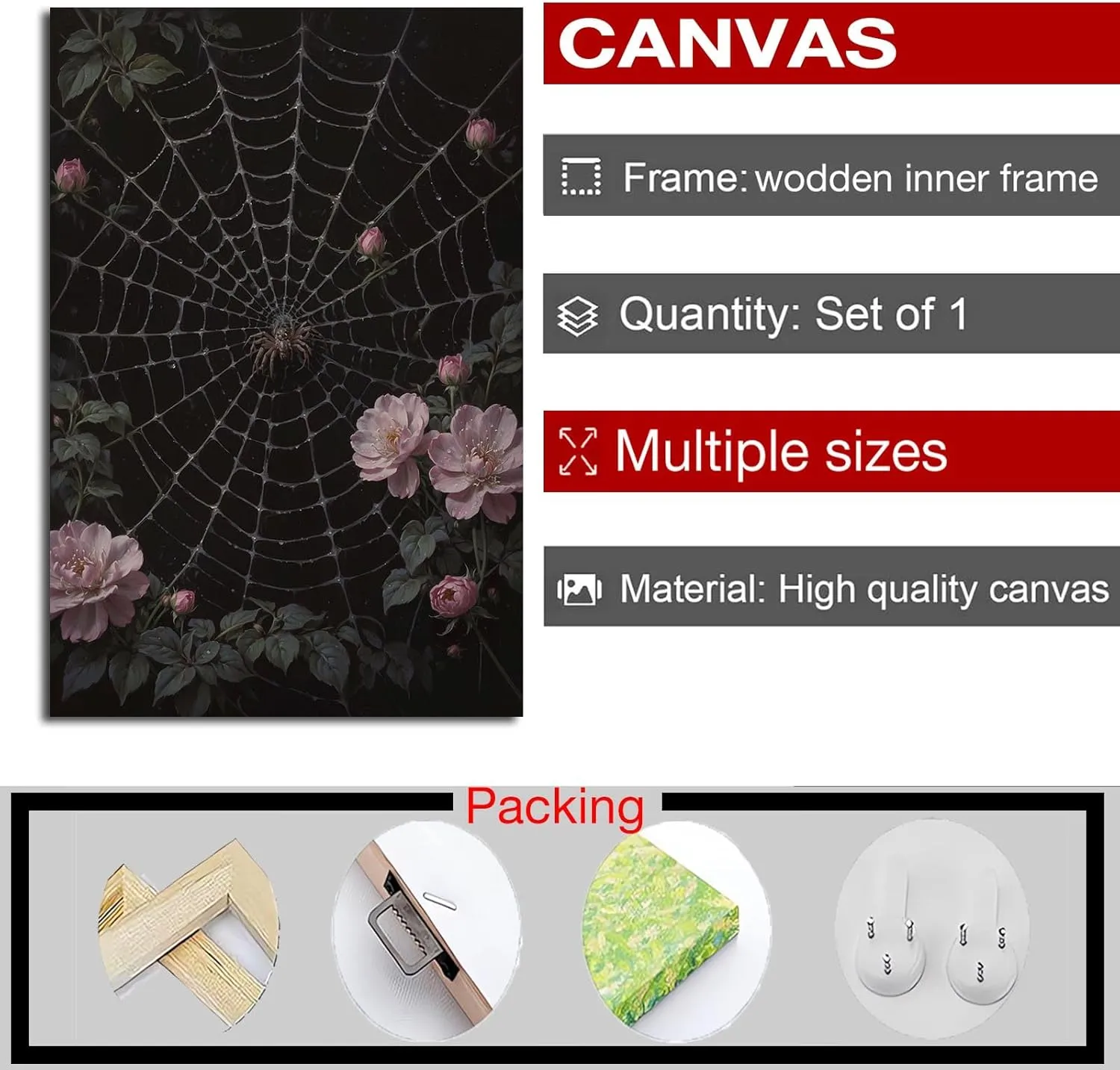 Spider web botanical canvas painting blooming buds pink rose brown spider intricate geometric silk threads dew drops suspended radiating structure tranquil wall decor display artwork for home