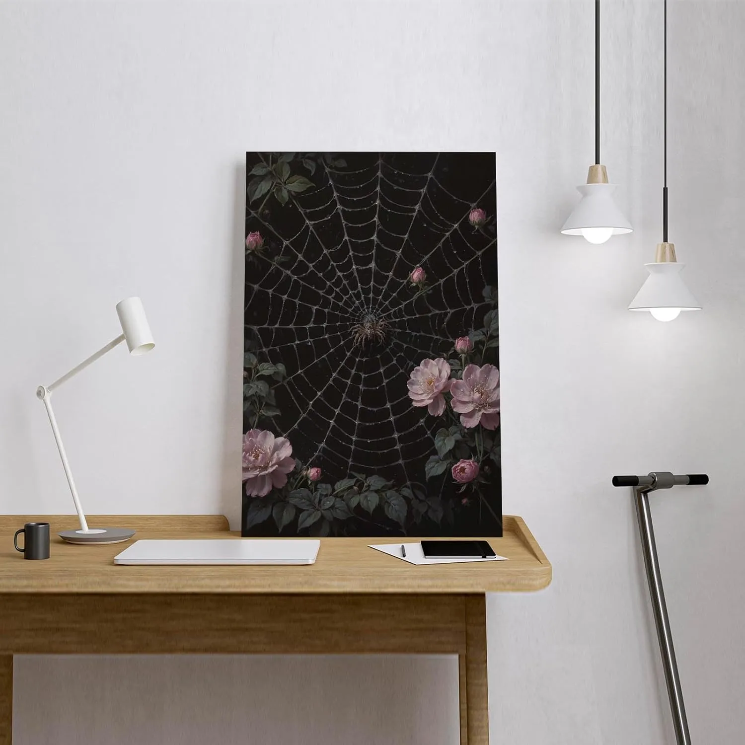 Spider web botanical canvas painting blooming buds pink rose brown spider intricate geometric silk threads dew drops suspended radiating structure tranquil wall decor display artwork for home