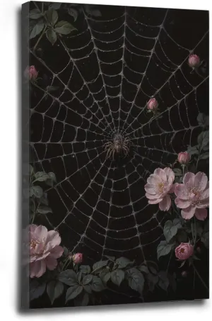 Spider web botanical canvas painting blooming buds pink rose brown spider intricate geometric silk threads dew drops suspended radiating structure tranquil wall decor display artwork for home