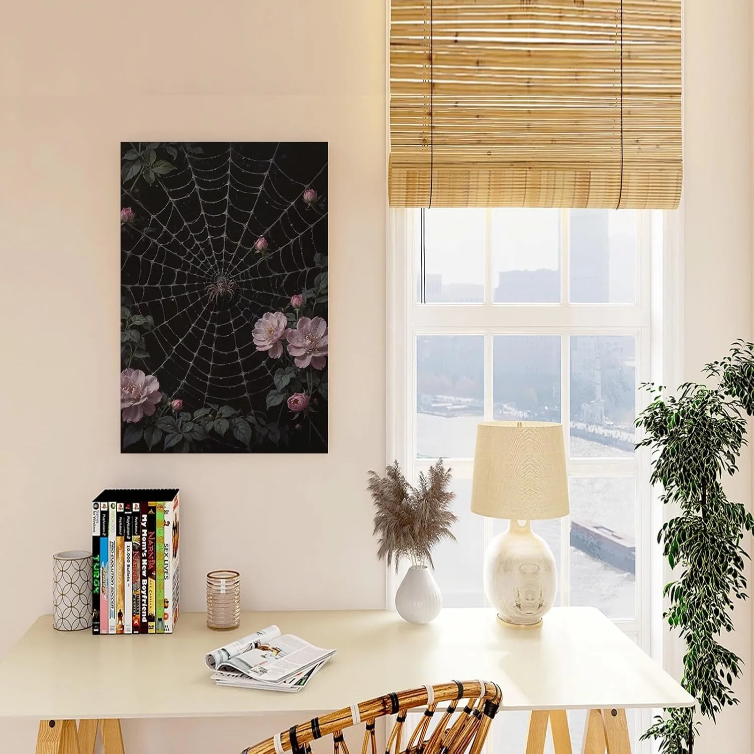 Spider web botanical canvas painting blooming buds pink rose brown spider intricate geometric silk threads dew drops suspended radiating structure tranquil wall decor display artwork for home
