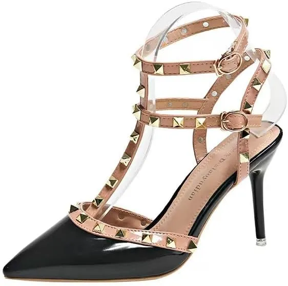Spring, Summer And Autumn New Pointy Black Riveted High Heels Women's Sandals Slim Heels Beautiful Nude Single Shoes Willow Ding Light Mouth Women's Shoes