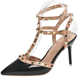 Spring, Summer And Autumn New Pointy Black Riveted High Heels Women's Sandals Slim Heels Beautiful Nude Single Shoes Willow Ding Light Mouth Women's Shoes