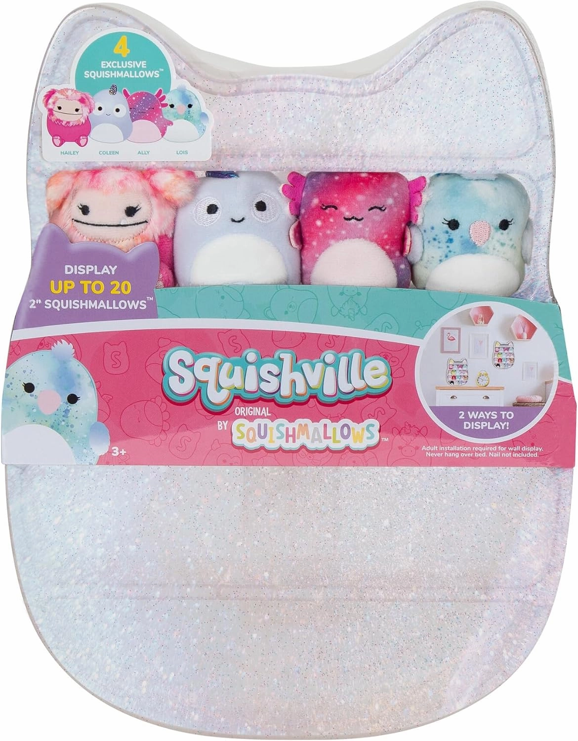 Squishville by Original Squishmallows Play and Display Storage - Four 2-Inch Plush Included - Big Foot, Axolotl, Parrot, Chameleon - Hang or Stand Display Case - Amazon Exclusive