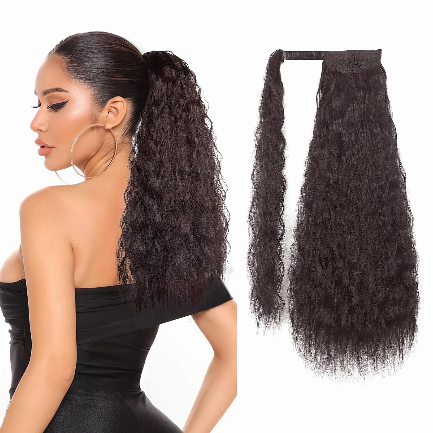 Stamped Glorious Long Corn Wave Ponytail Extension Magic Paste Heat Resistant Wavy Synthetic Wrap Around Ponytail or Women Black Hairpiece for Daily Party Use(18 Inch,Black Mixed Auburn Red)
