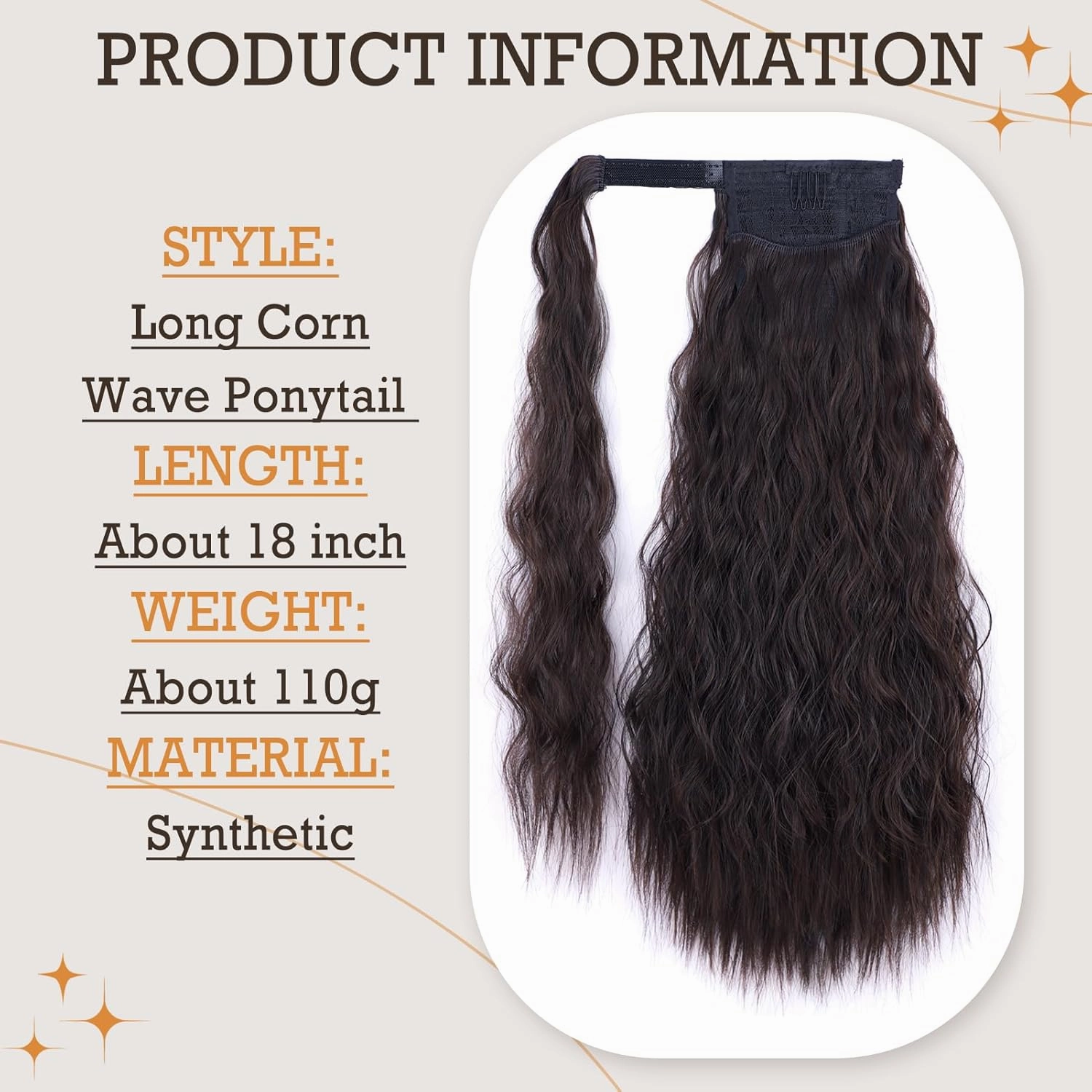 Stamped Glorious Long Corn Wave Ponytail Extension Magic Paste Heat Resistant Wavy Synthetic Wrap Around Ponytail or Women Black Hairpiece for Daily Party Use(18 Inch,Black Mixed Auburn Red)