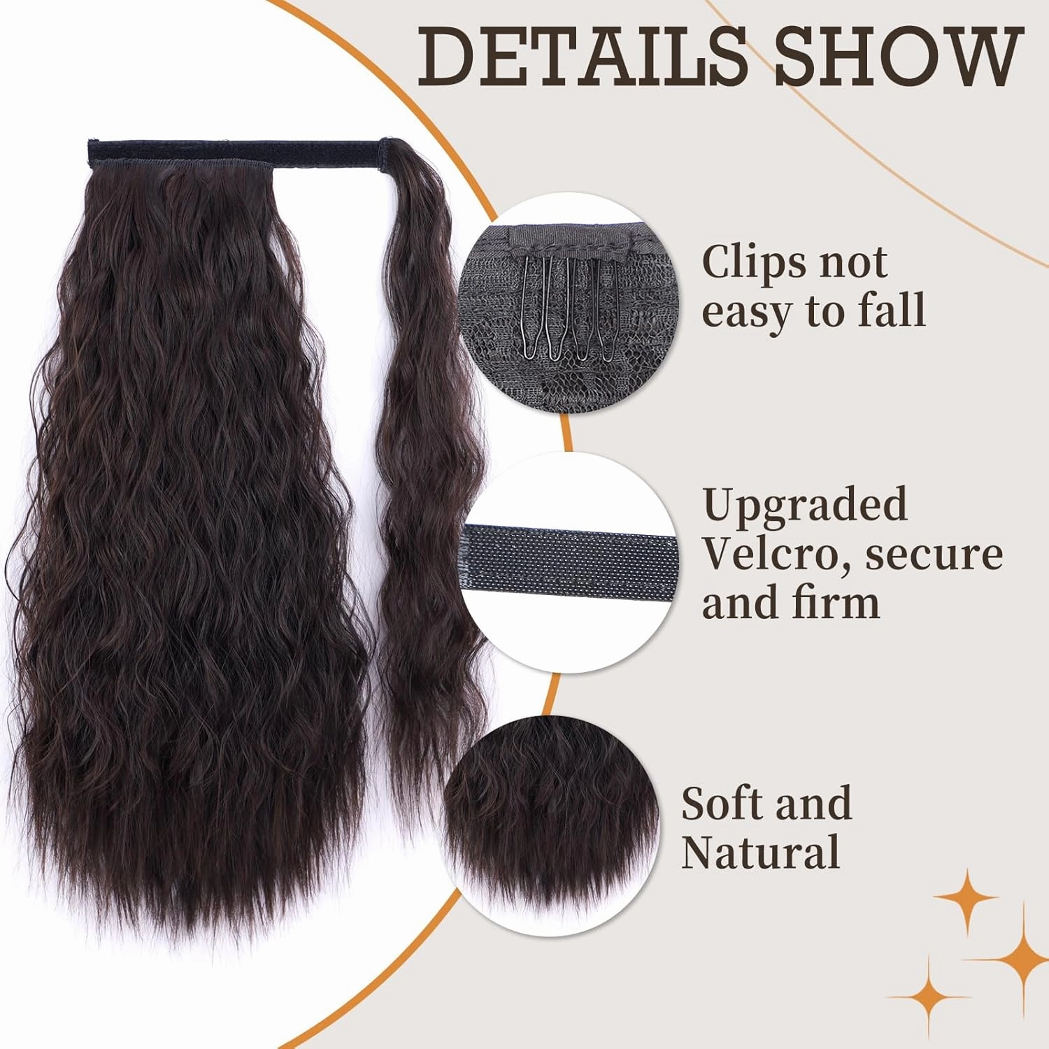 Stamped Glorious Long Corn Wave Ponytail Extension Magic Paste Heat Resistant Wavy Synthetic Wrap Around Ponytail or Women Black Hairpiece for Daily Party Use(18 Inch,Black Mixed Auburn Red)