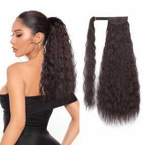 Stamped Glorious Long Corn Wave Ponytail Extension Magic Paste Heat Resistant Wavy Synthetic Wrap Around Ponytail or Women Black Hairpiece for Daily Party Use(18 Inch,Black Mixed Auburn Red)