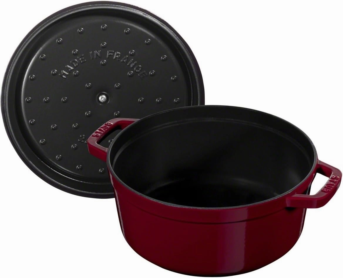 Staub Casserole Dish Round with Lid 24 cm 2.8 L with Matte Black Enamel Inside the Pot 3.8 Litres Bordeaux Red