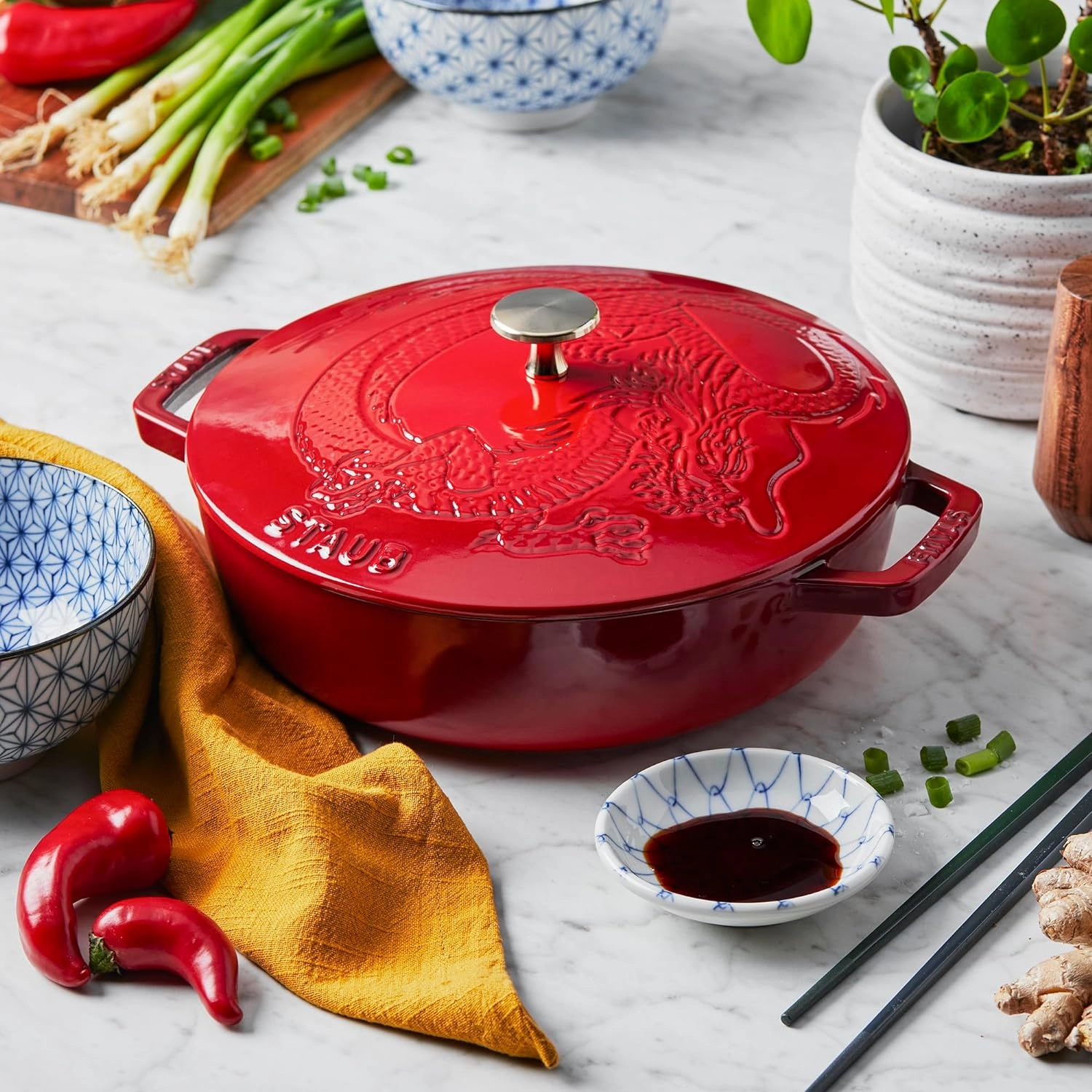STAUB Cast Iron-Braisers/Sauté 2.5-qt Saute Pan with Dragon Lid-Cherry