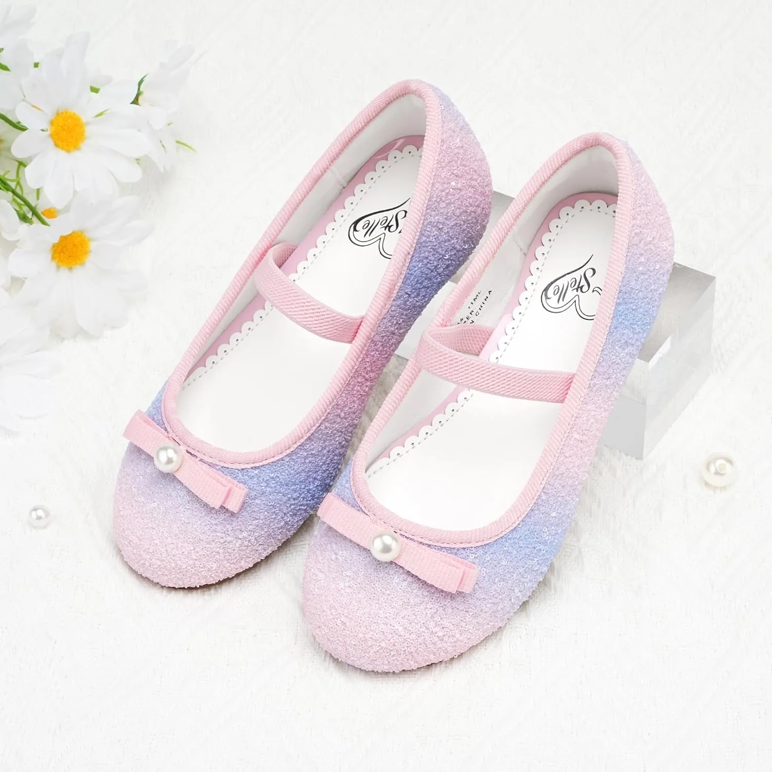 Stelle Girls Glitter Dress Shoes Flower Wedding Mary Jane Ballet Flats with Strap Toddler/Little/Big Kids