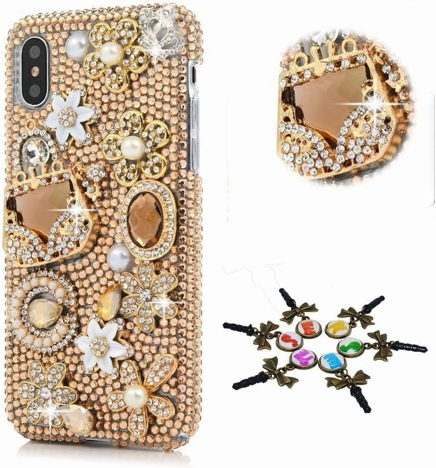 STENES Sparkle Glitter Case Compatible with Samsung Galaxy S25 Edge 5G - Stylish - 3D Handmade Bling Crowm Bag Flowers Floral Rhinestone Crystal Diamond Design Girls Women Cover - Gold