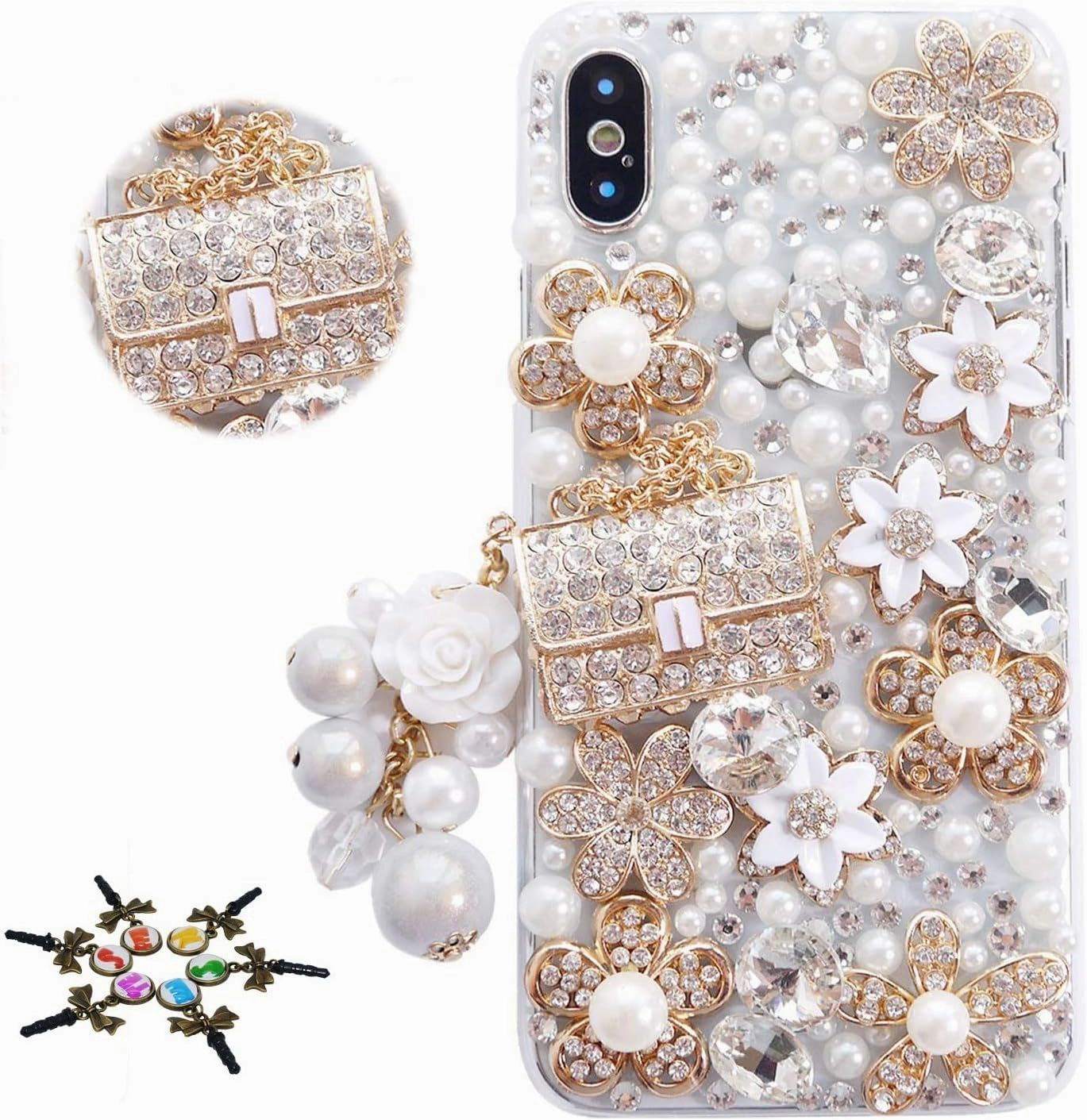 STENES Sparkle Glitter Case Compatible with Samsung Galaxy S25 Edge 5G - Stylish - 3D Handmade Bling Girls Bag Pearl Pendant Flower Rhinestone Crystal Diamond Design Girls Women Cover - Gold