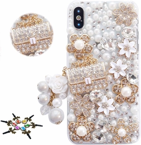 STENES Sparkle Glitter Case Compatible with Samsung Galaxy S25 Edge 5G - Stylish - 3D Handmade Bling Girls Bag Pearl Pendant Flower Rhinestone Crystal Diamond Design Girls Women Cover - Gold
