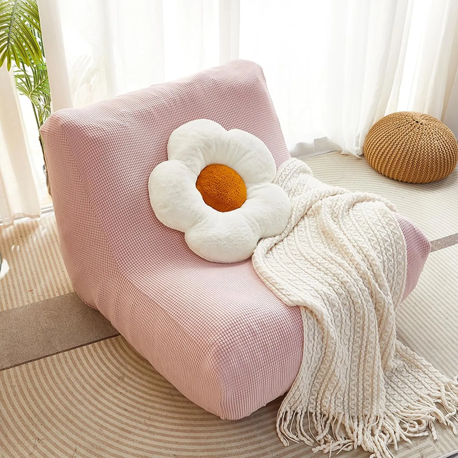Stretch Fireside Chair Covers,Lazy Floor Sofa Cover,Solid Color Bean Bag Chairs Couch Cover Furniture Protector Slipcover for Sofa(Cover only, Pink)