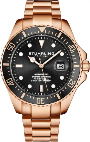 Stuhrling Original Mens Stainless Steel Automatic Self Wind Dive Watch 200M Water Resistant Unidirectional Ratcheting Bezel Screw Down Crown Sport Watch 792 Series (Rose Black)