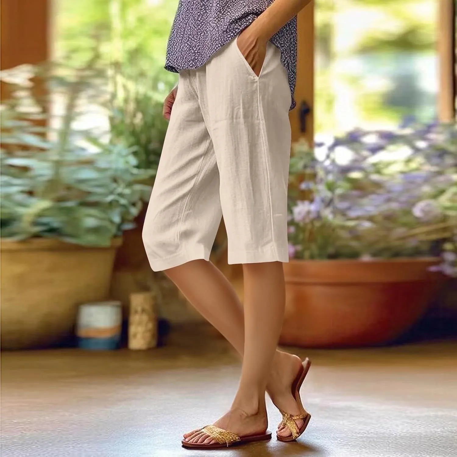 Summer Bermuda Shorts for Women Knee Length 2024 Trendy Linen Shorts Lightweight Casual Beach Short Pants w/Pockets