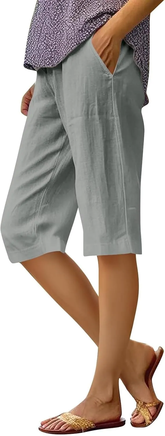 Summer Bermuda Shorts for Women Knee Length 2024 Trendy Linen Shorts Lightweight Casual Beach Short Pants w/Pockets