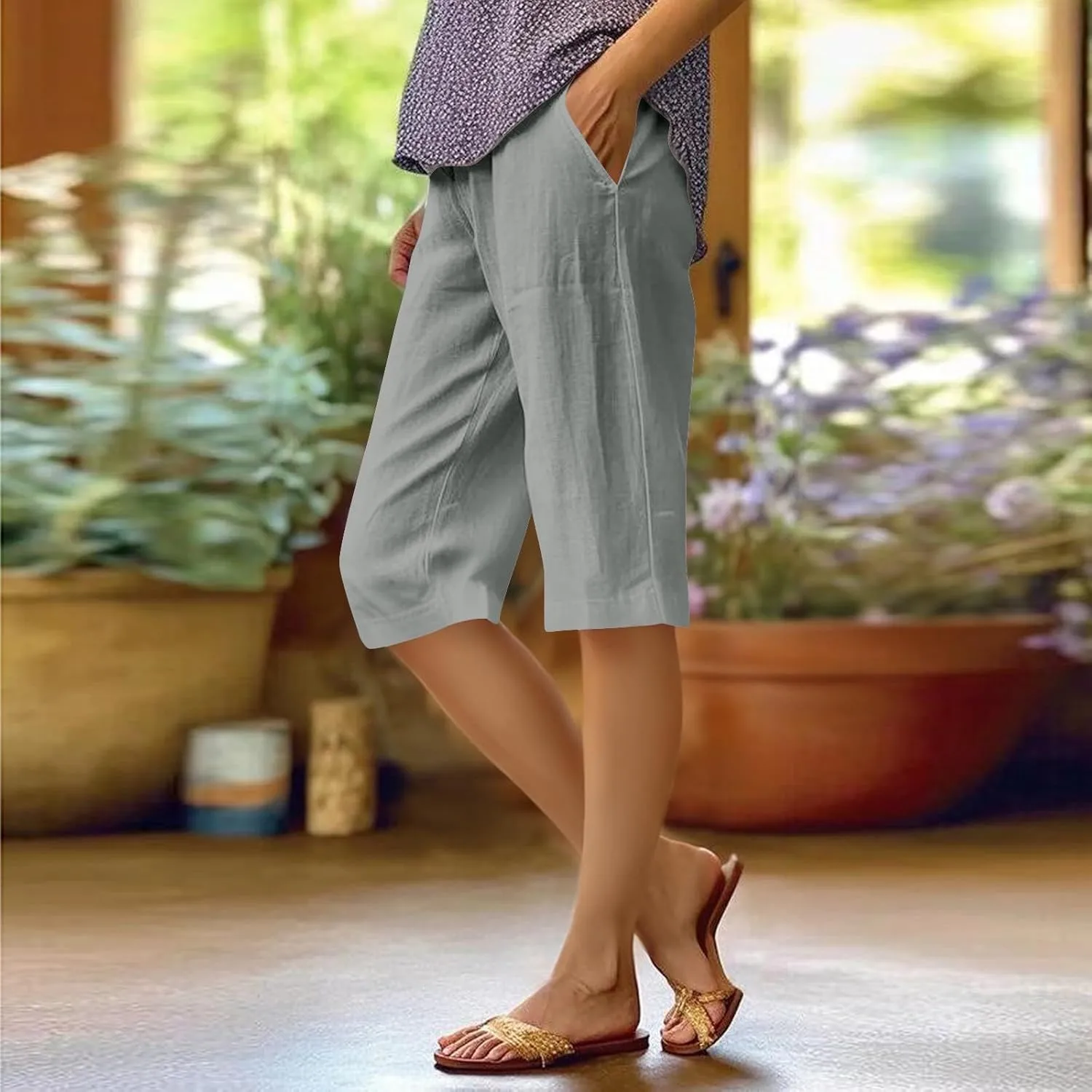 Summer Bermuda Shorts for Women Knee Length 2024 Trendy Linen Shorts Lightweight Casual Beach Short Pants w/Pockets