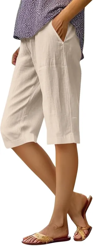 Summer Bermuda Shorts for Women Knee Length 2024 Trendy Linen Shorts Lightweight Casual Beach Short Pants w/Pockets