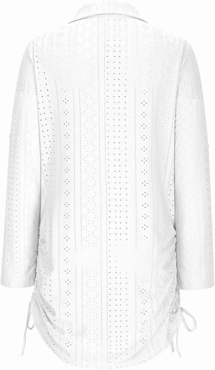 Summer Eyelet Beach Cover Up Dress for Women Lapel V Neck Roll Up Long Sleeve Drawstring Side Ruched Short Mini Dresses