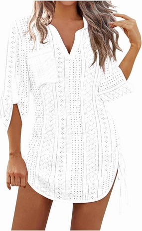Summer Eyelet Beach Cover Up Dress for Women Lapel V Neck Roll Up Long Sleeve Drawstring Side Ruched Short Mini Dresses