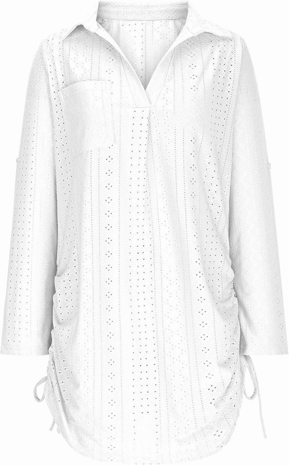 Summer Eyelet Beach Cover Up Dress for Women Lapel V Neck Roll Up Long Sleeve Drawstring Side Ruched Short Mini Dresses