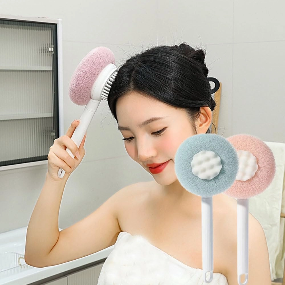 Super Soft Sunflower Bath Ball, 2025 Upgrade 2-in-1 Bath Brush with Long Handle, Telescopic Dual Sided Back Scrubber Body Shower Brush, Bath Massage Cleaning Brushes for Shower Men Women (Blue)