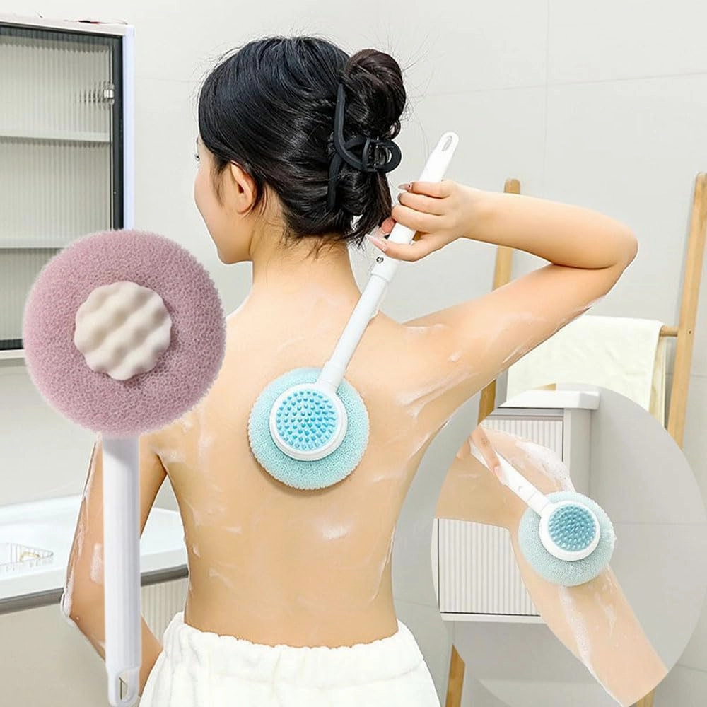 Super Soft Sunflower Bath Ball, 2025 Upgrade 2-in-1 Bath Brush with Long Handle, Telescopic Dual Sided Back Scrubber Body Shower Brush, Bath Massage Cleaning Brushes for Shower Men Women (Blue)