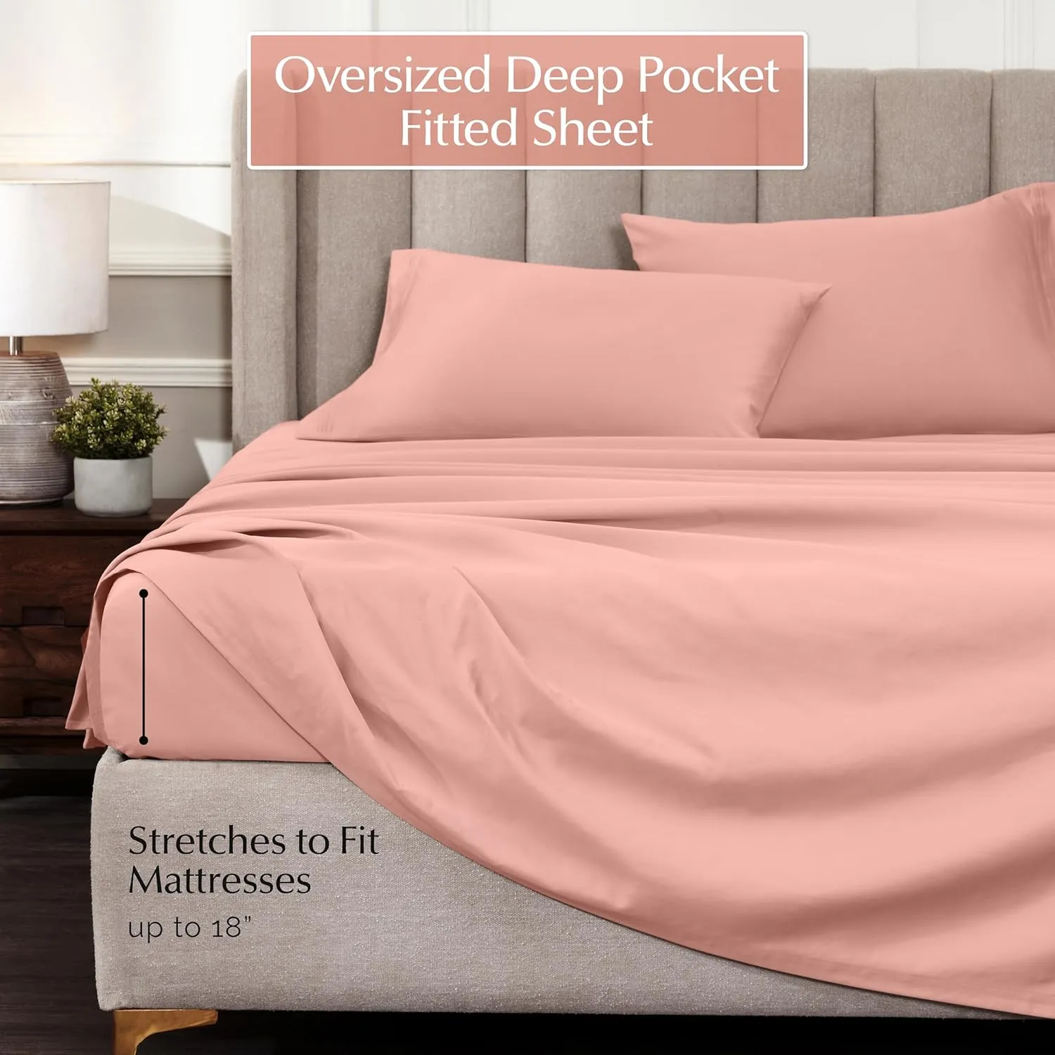 Superior Egyptian Cotton 4 Piece Sheet Set, Luxury 1000 Thread Count, Modern Design, Sustainable Sheets, Ultra-Soft Basics, Solid, Deep Pocket Fitted Sheet, Flat Sheet, Pillowcases, King, Dusted Rose