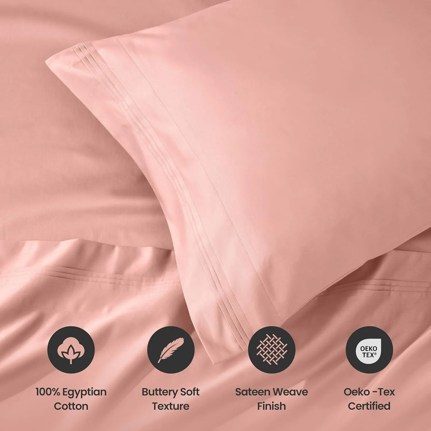 Superior Egyptian Cotton 4 Piece Sheet Set, Luxury 1000 Thread Count, Modern Design, Sustainable Sheets, Ultra-Soft Basics, Solid, Deep Pocket Fitted Sheet, Flat Sheet, Pillowcases, King, Dusted Rose